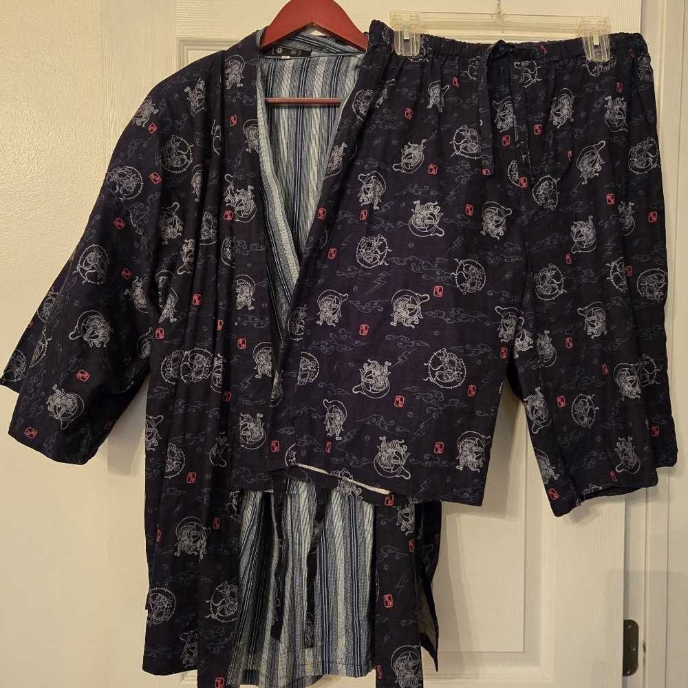 Japanese Kimono Style Men's Cotton Pajamas And Robe 3 Piece Set Navy Blue